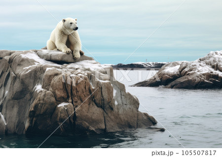 A white polar bear is sitting on a rock . 105507817