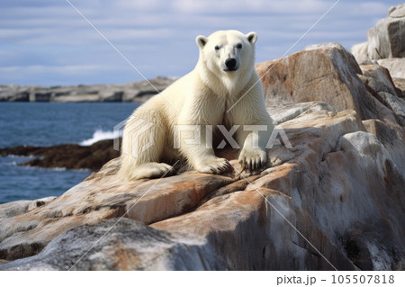 A polar bear is sitting on a rock A polar bear is sitting on a rock 105507818