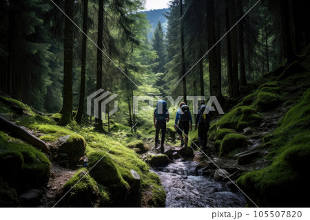 Trekking through the forest teams with backpacks Trekking through the forest teams with backpacks 105507820
