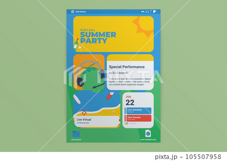 a flat design virtual summer party flyer for video live dj music streaming recording broadcast meeting with modern background os operating system app interface 105507958