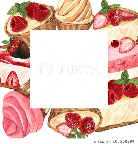 Watercolor frame dessert, piece of cheesecake with fresh strawberries. Hand-drawn illustration isolated on white background. Perfect food menu, food drawing, design packing, print 105508294