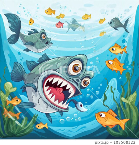 A piranha fish in the ocean is attacking other fis, Generative AI A piranha fish in the ocean is attacking other fis, Generative AI 105508322