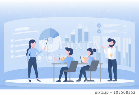 Business ideas concept. Business people meeting, discussing, thinking, learning, brainstorming, share and exchange innovation information. Flat vector design illustration. 105508352