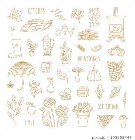 Vector Line set with autumn elements for card, invitation, web site, stickers, planner. Cute fall minimal illustrations. Vector Line set with autumn elements for card, invitation, web site, stickers, planner. Cute fall minimal illustrations. 105508447