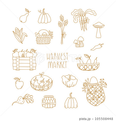 Vector Line set with autumn harvest market elements for card, invitation, web site, stickers, banner. Kawaii fall minimal illustrations. 105508448
