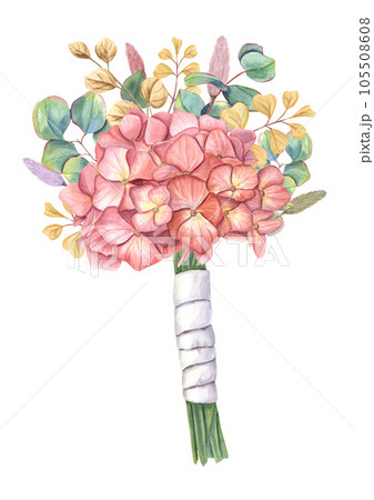 Bright floral bouquet of hydrangea, eucalyptus, lagurus with white satin ribbon. Delicate bridal bouquet. Watercolor illustration isolated on white background. For wedding stationary, invitation Bright floral bouquet of hydrangea, eucalyptus, lagurus with white satin ribbon. Delicate bridal bouquet. Watercolor illustration isolated on white background. For wedding stationary, invitation 105508608