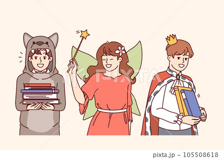 Children in carnival costumes hold books imagining themselves as characters from fairy tales Children in carnival costumes hold books imagining themselves as characters from fairy tales 105508618