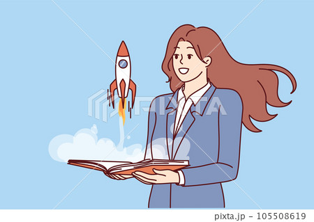 Businesswoman near rocket taking off from book symbolizing development company or successful career 105508619
