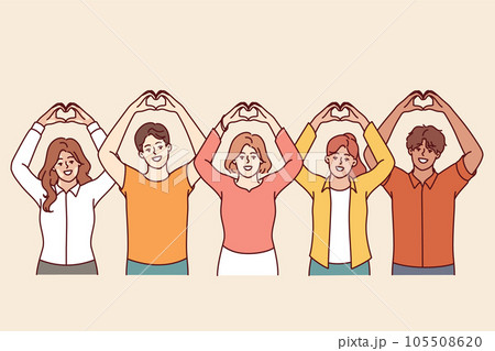 Kind people volunteers making heart shape with fingers and raising hands above heads 105508620