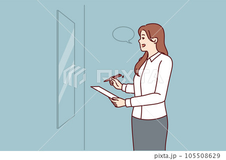 Woman is rehearsing motivational speech standing in front of mirror and learning oratory 105508629