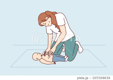 Woman doing CPR massage to infant providing first aid for heart attack or insult. Woman doing CPR massage to infant providing first aid for heart attack or insult. 105508638