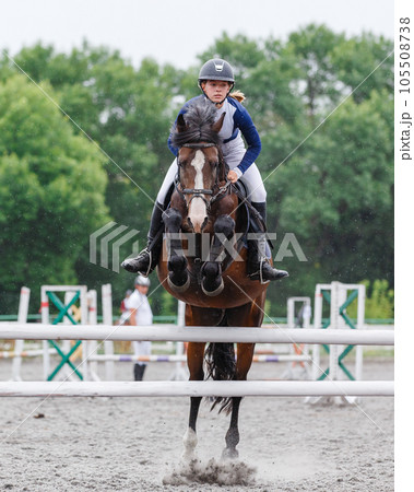 Young woman riding horseback jumping over the hurdle on showjumping course Young woman riding horseback jumping over the hurdle on showjumping course 105508738
