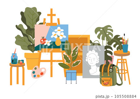 Art class studio interior with house plants, paintings and art supplies, cartoon style. Wooden easel with a canvas. Trendy modern vector illustration isolated on white, hand drawn, flat design Art class studio interior with house plants, paintings and art supplies, cartoon style. Wooden easel with a canvas. Trendy modern vector illustration isolated on white, hand drawn, flat design 105508884