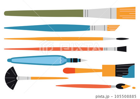 Set of various paint brushes, cartoon style. Painting tools elements, Art supplies. Trendy modern vector illustration isolated on white background, hand drawn, flat design Set of various paint brushes, cartoon style. Painting tools elements, Art supplies. Trendy modern vector illustration isolated on white background, hand drawn, flat design 105508885
