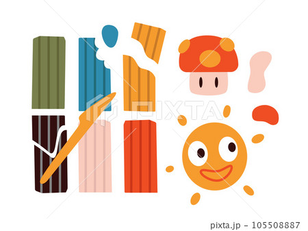 Kids modeling clay, colorful plasticine pieces for creativity with children's crafts and a plastic knife, cartoon style. Trendy modern vector illustration isolated on white, hand drawn, flat design Kids modeling clay, colorful plasticine pieces for creativity with children's crafts and a plastic knife, cartoon style. Trendy modern vector illustration isolated on white, hand drawn, flat design 105508887