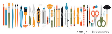 Big set with stationery and painting tools elements, cartoon style. Art supplies: brushes, pencil and markers. Trendy modern vector illustration isolated on white, hand drawn, flat design 105508895