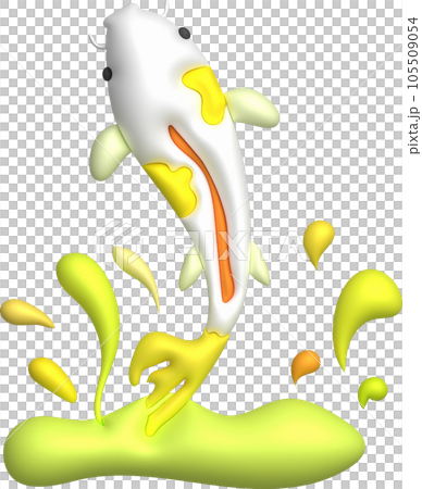 3d icon. Colorful Japanese carp jumping out of the water and water splashing around the carp. minimalist style icon 3d icon. Colorful Japanese carp jumping out of the water and water splashing around the carp. minimalist style icon 105509054