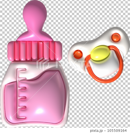 3d icons - baby bottle and baby pacifier Nutrition in plastic containers for newborns 3d icons - baby bottle and baby pacifier Nutrition in plastic containers for newborns 105509164