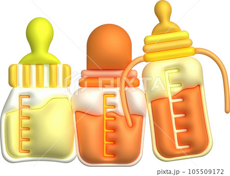 3D icon. Baby feeding bottle. Nutrition in plastic container for newborn baby. 105509172