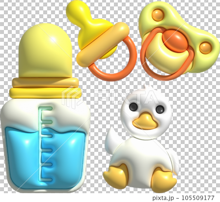 3d icons. Baby feeding bottle. Nutrition in plastic container for newborn. Baby pacifier and baby duckling toy. 105509177