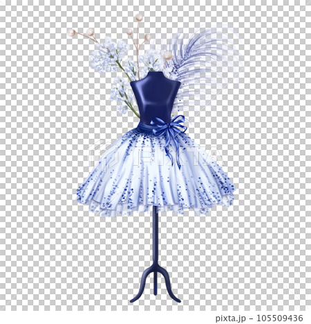 Blue ballet tutu decorated with pebbles and bows. A skirt worn on a mannequin. A theatrical backstage, an atelier, outfit for a fashion show and a masquerade. Digital isolated illustration 105509436