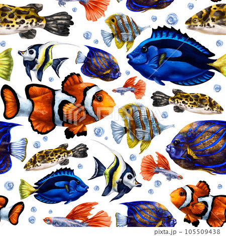 Seamless pattern with colorful marine life. Tropical fish. Background for textiles, fabrics, wrapping paper, souvenirs and other designs Seamless pattern with colorful marine life. Tropical fish. Background for textiles, fabrics, wrapping paper, souvenirs and other designs 105509438