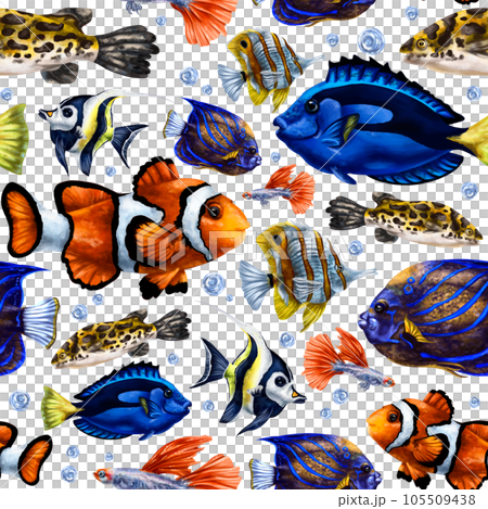 Seamless pattern with colorful marine life. Tropical fish. Background for textiles, fabrics, wrapping paper, souvenirs and other designs Seamless pattern with colorful marine life. Tropical fish. Background for textiles, fabrics, wrapping paper, souvenirs and other designs 105509438