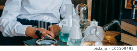Schoolgirl perform chemical experiments. Back to school. School and preschool education. Schoolgirl perform chemical experiments. Back to school. School and preschool education. 105509493