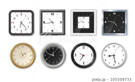 Watch face, realistic isolated wall clockwise with numerals and arrows. Isolated modern white and black, round and square 3d vector mockup. Front part of timepieces that displays the time 105509733