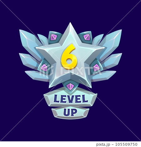 Game interface level up metal badge, steel win icon with star and wings. Isolated vector user interface gui or ui silver or iron emblem with golden number six and pink glossy gemstones, app element 105509750