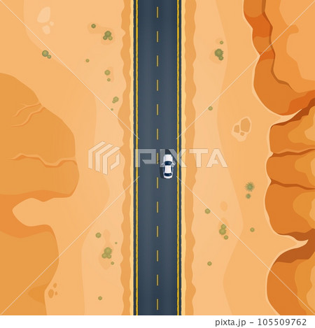 Desert road top view of car driving through the deserted area with dry land, rocks and cacti along asphalted highway. Vector landscape of highway and automobile travel in africa, arizona or mexico Desert road top view of car driving through the deserted area with dry land, rocks and cacti along asphalted highway. Vector landscape of highway and automobile travel in africa, arizona or mexico 105509762