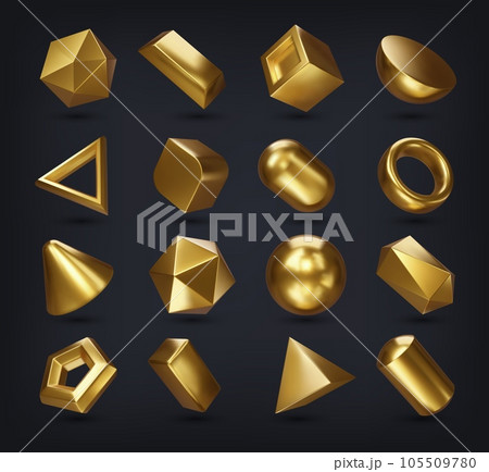 Realistic 3d golden math geometric shapes. Vector set of cube, cylinder and ring, octahedron, cone, pyramid, parallelepiped. Square, hexagonal and pentagonal prism, dodecahedron, icosahedron, pyramid 105509780
