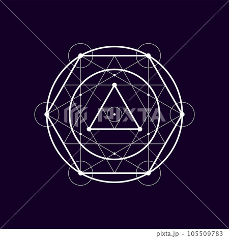 Round geometric sacred shape geometric boho alchemy symbol. Vector mystic bohemian esoteric sign, magical tribal circle and triangles Round geometric sacred shape geometric boho alchemy symbol. Vector mystic bohemian esoteric sign, magical tribal circle and triangles 105509783