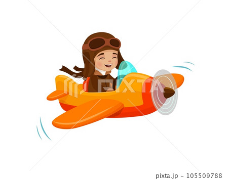 Kid flying on plane, cartoon pilot character on airplane or boy aviator, isolated vector. Child fly on plane or travel in toy aircraft with propeller in sky with aviator goggles and happy smiling 105509788