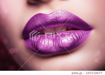 Woman's bright pink lips closeup. Fillers or injection. Healthy skin. Generative AI 105510677