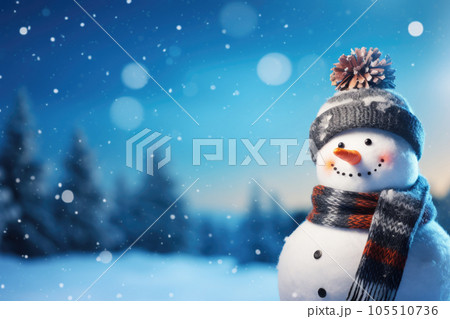 Winter blurred background with snowman, Merry christmas and happy new year greeting card with copy-space Generative AI 105510736