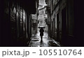 man under the rain with an umbrella in a dark street - generative AI 105510764