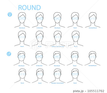 Set of Round frame glasses fashion accessory illustration. Sunglass front view for Men, women, unisex silhouette Set of Round frame glasses fashion accessory illustration. Sunglass front view for Men, women, unisex silhouette 105511702