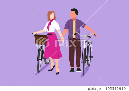 Graphic flat design drawing romantic couple cyclists walking down forest road with their bicycles on summer day. Man and woman in love. Happy romantic married couple. Cartoon style vector illustration 105511919
