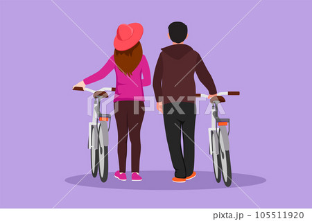 Graphic flat design drawing back view of romantic couple walking together with bicycle at outdoor park. Cheerful man and woman in love. Happy romantic married couple. Cartoon style vector illustration 105511920