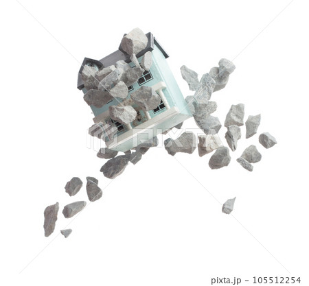 Dream House fly float in air with magic gravel. Construction of sand rock gravel is material base making Dream home. Miniature house takes flight as enchanting strong gravel. White background isolated 105512254