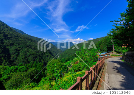 埼玉県秩父市の大滝道路と山間部の集落 105512646