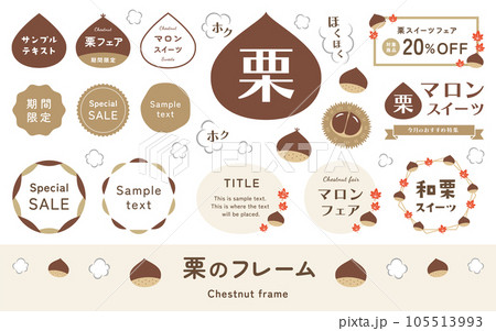 秋の味覚の栗、焼き栗、いが栗のベクターイラストと見出しフレームセット 秋の味覚の栗、焼き栗、いが栗のベクターイラストと見出しフレームセット 105513993