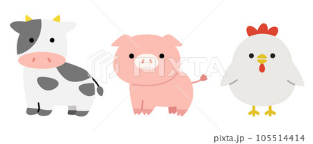 かわいい牛と豚と鶏の全身イラスト 105514414