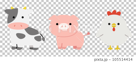 かわいい牛と豚と鶏の全身イラスト 105514414