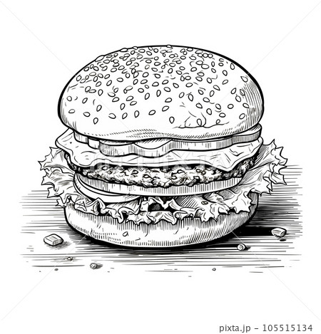 Hamburger hand drawn sketch retro style etching, Delicious vintage etching, vector illustration Hamburger hand drawn sketch retro style etching, Delicious vintage etching, vector illustration 105515134
