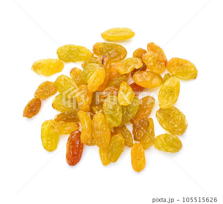 Yellow golden raisins isolated on white background. Top view Yellow golden raisins isolated on white background. Top view 105515626
