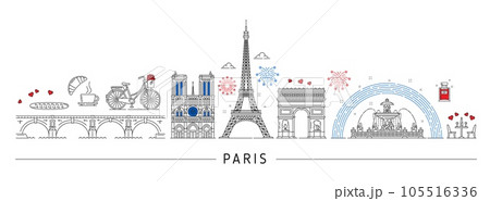 Paris silhouette and France travel landmarks in skyline, vector city architecture. France famous symbols and Paris buildings of Eiffel tower, Triumphal arch and Notre-Dame cathedral with baguette Paris silhouette and France travel landmarks in skyline, vector city architecture. France famous symbols and Paris buildings of Eiffel tower, Triumphal arch and Notre-Dame cathedral with baguette 105516336