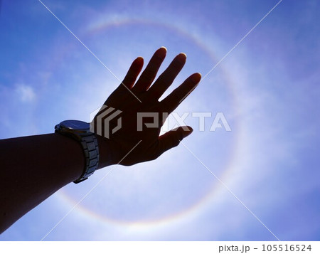 太陽に手をかざしてハロを見る 105516524