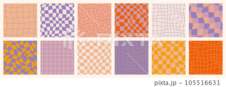 Groovy Retro Checkerboard Seamless Patterns Set. Psychedelic Abstract Grid Background in 1970s Style. Y2K Wavy Texture Groovy Retro Checkerboard Seamless Patterns Set. Psychedelic Abstract Grid Background in 1970s Style. Y2K Wavy Texture 105516631